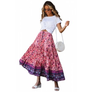 Purple Elastic Waist Floral Maxi Skirt